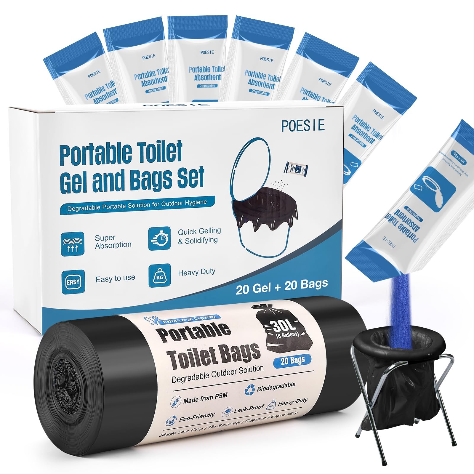 Absorbent Gel Toilet Bags Set, 8 Gallon Compostable Portable Toilet Bags with…