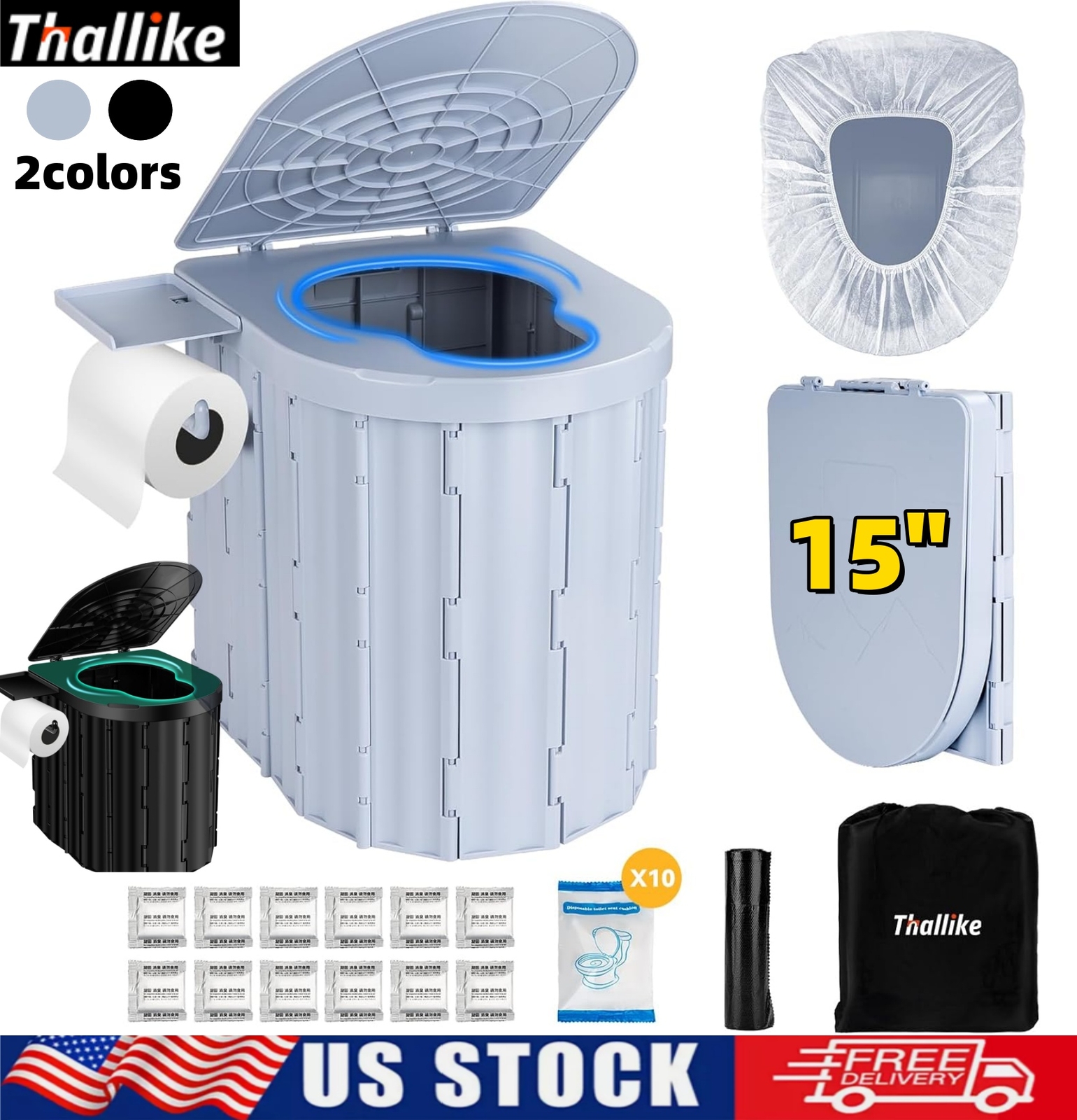 Portable Folding Camping Toilet with Lid and Retractable Toilet Paper Holder US