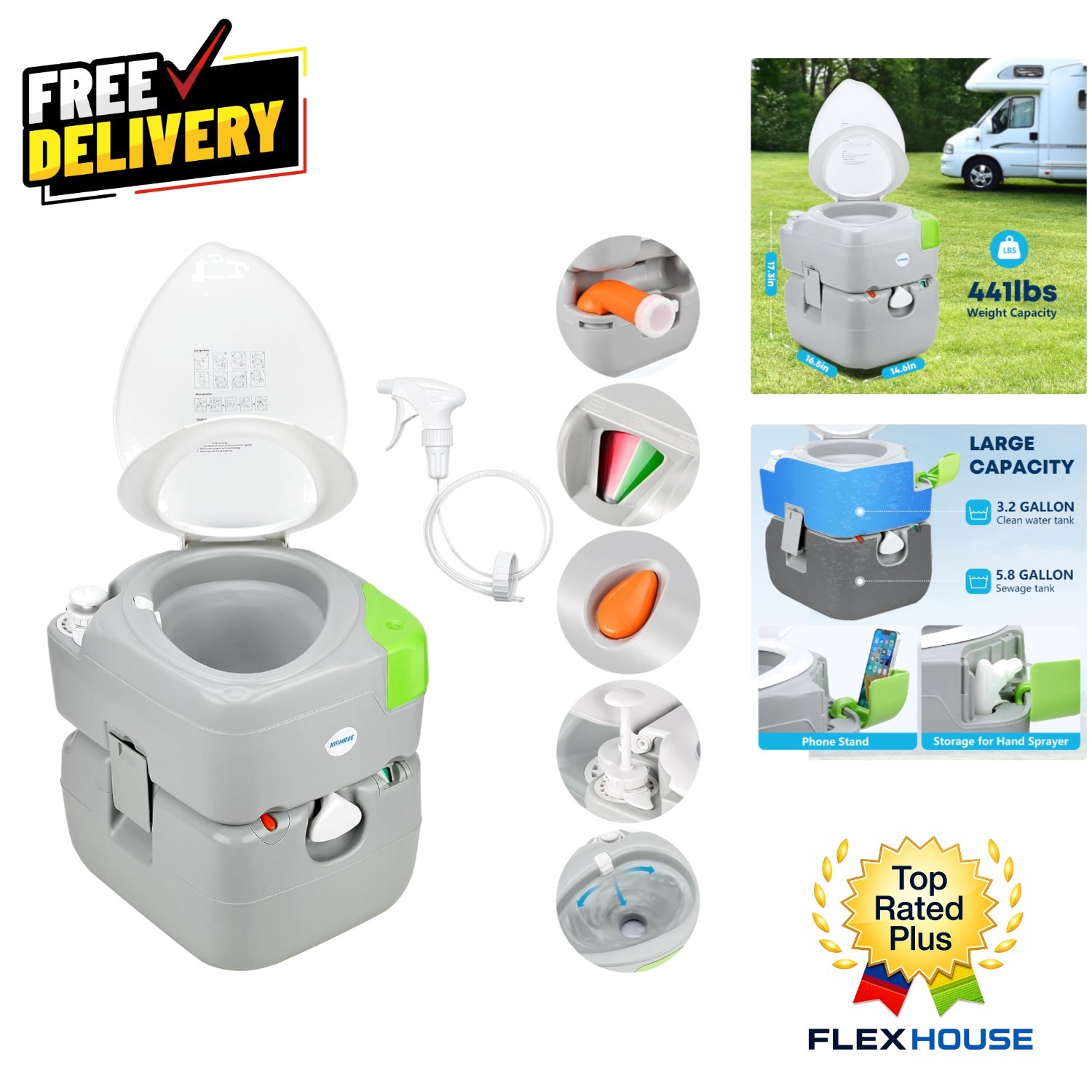 Ergonomic 5.8 Gallon Camping Toilet with Level Indicator for Outdoor Comfort