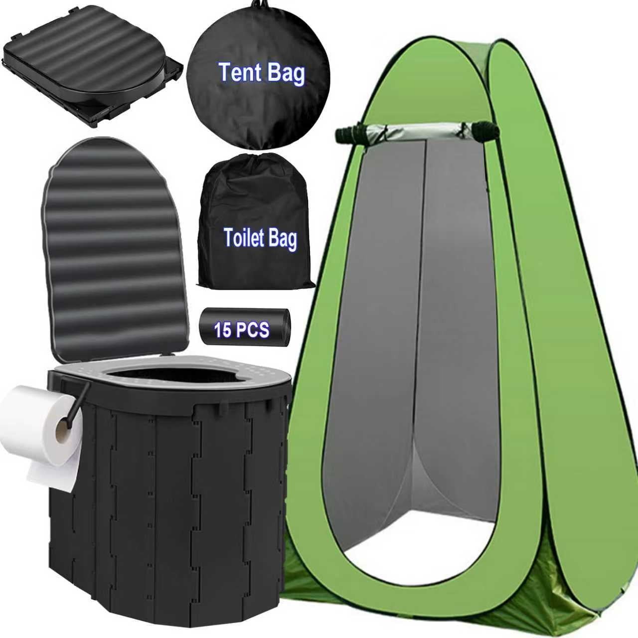 Portale Foldable Camping Toilet Set with Privacy Tent, Black/Green