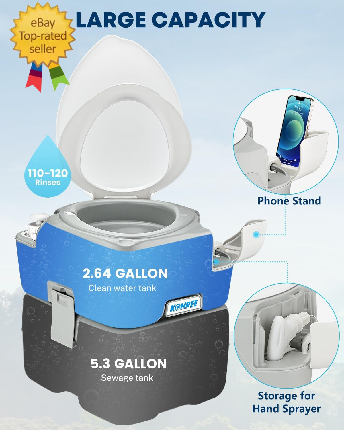 Camping Toilet Portable 5.3 Gal: 20L Porta Potty for Adults with Diagonal Elonga