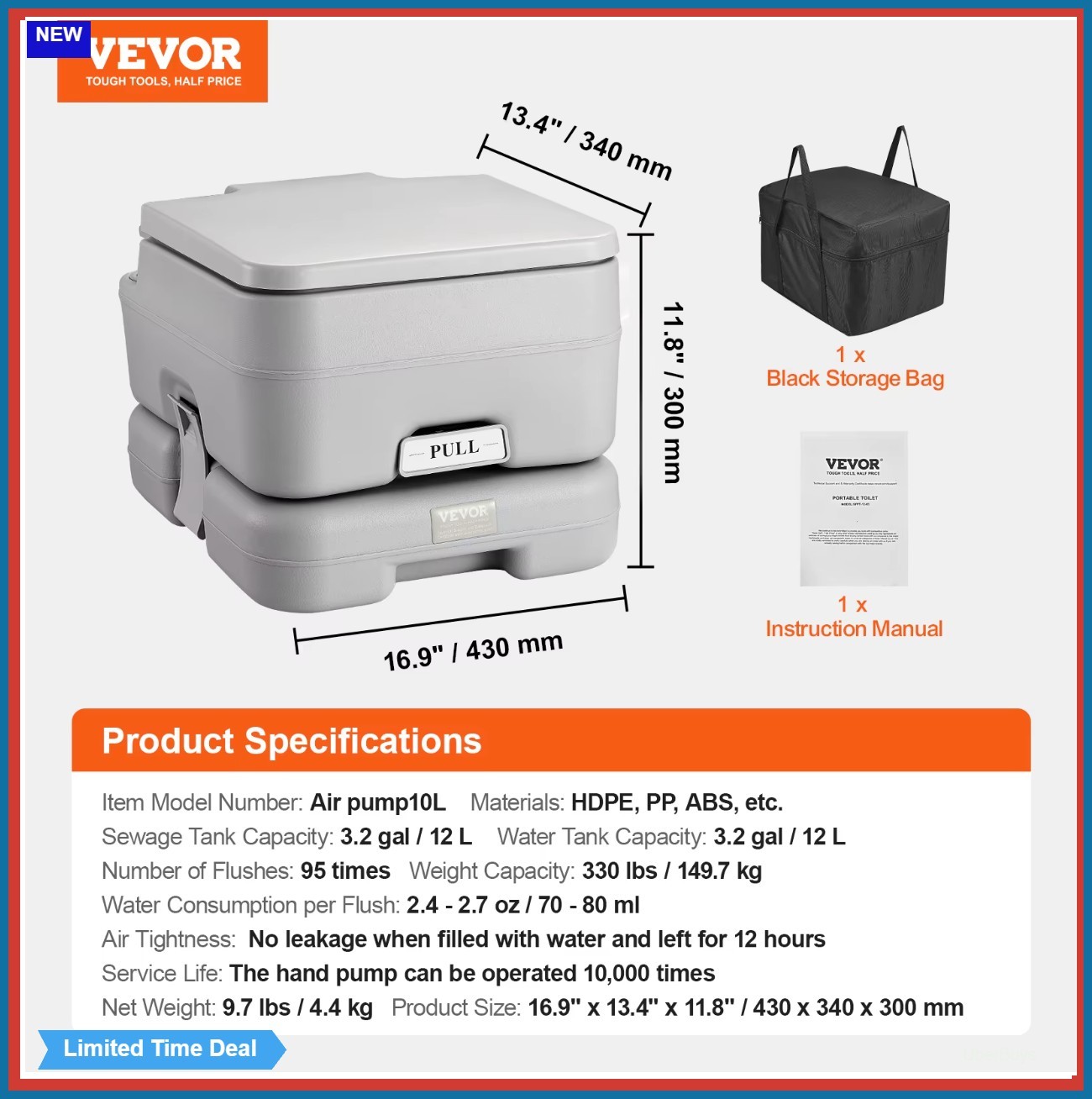 Portable Toilet for Camping Pressurized Flush Commode Cyclone Flushing