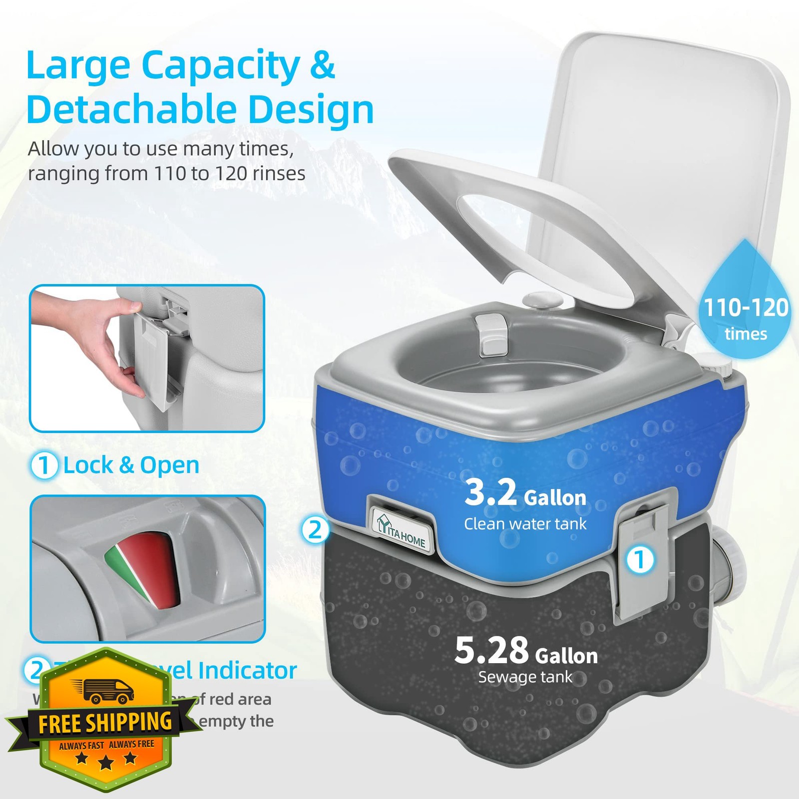 YITAHOME Portable Toilet 5.28 Gal Camping Porta Potty w/Bag Sprayer