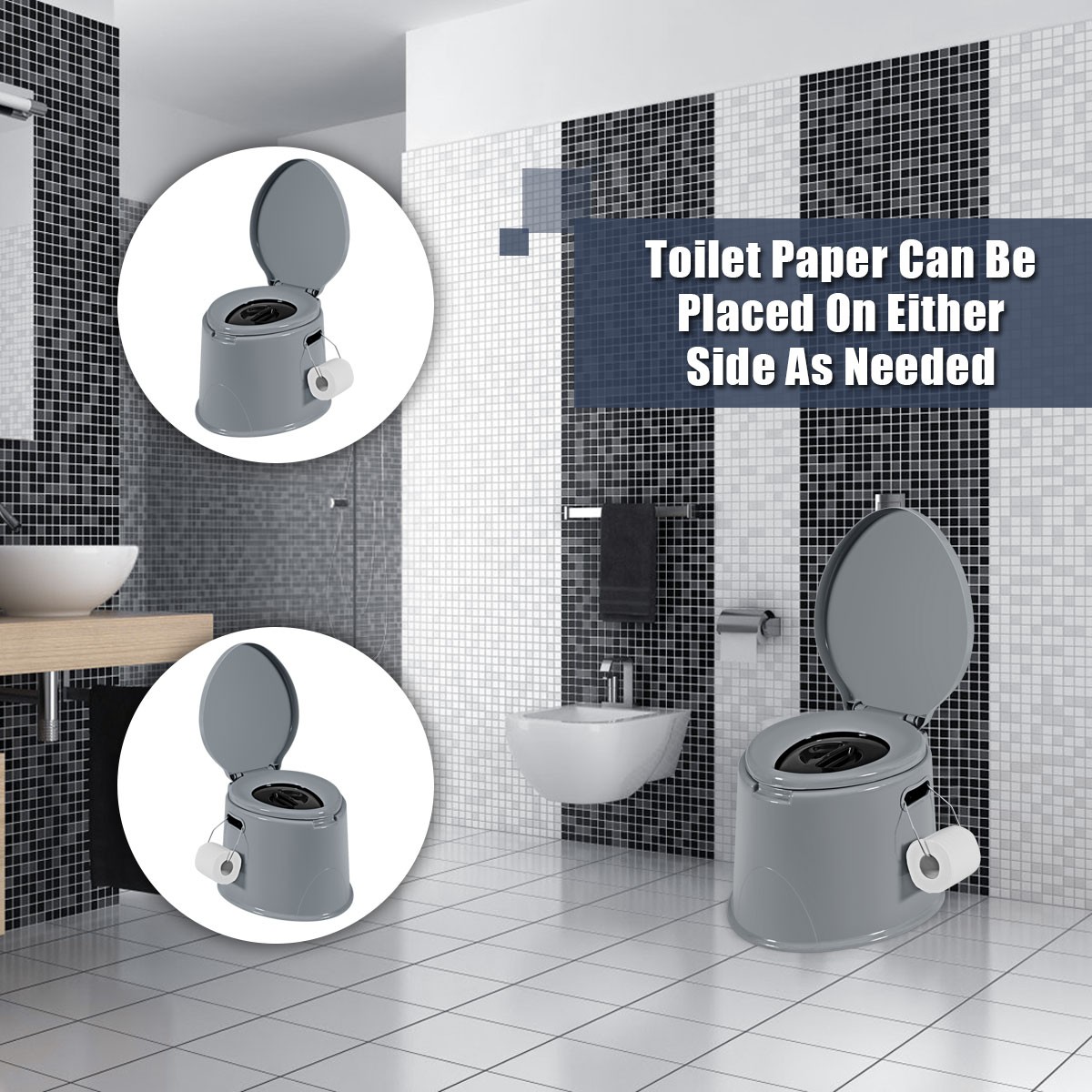 Portable Travel Toilet Indoor Outdoor W/Paper Holder for Outdoor Camping Grey