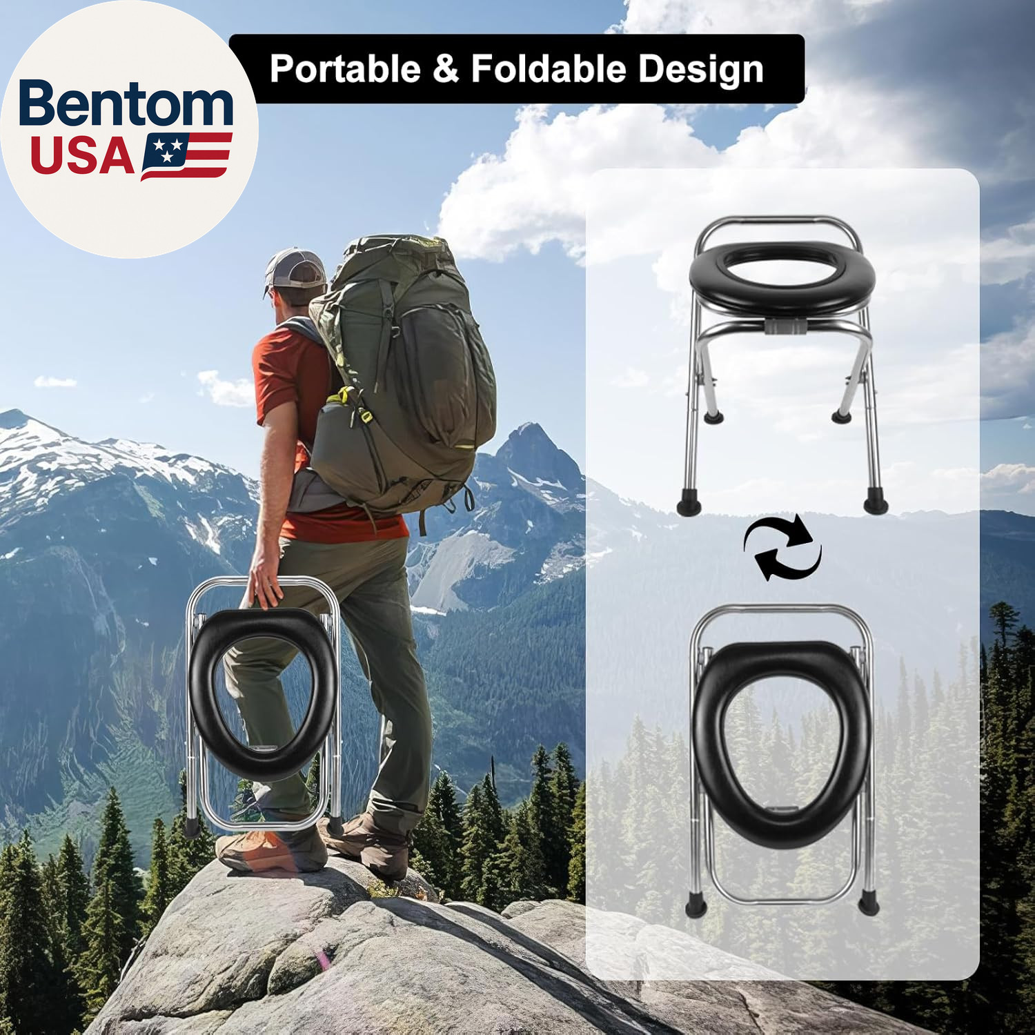 16.5″H Portable Toilet for Camping, 350LB Capacity Stainless Steel Folding Toile