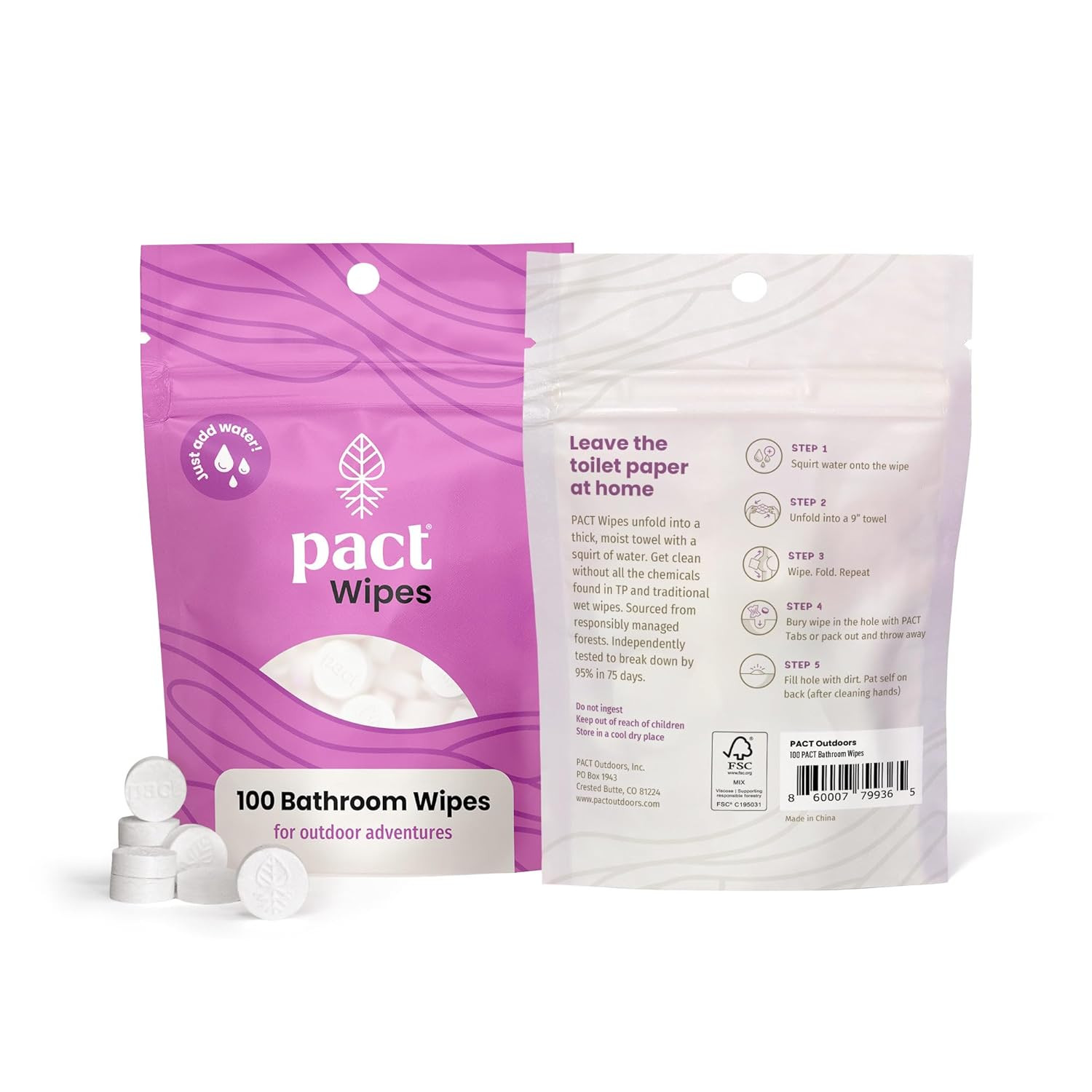 PACT Bathroom Wipes (100-Pack) | Compressed Toilet Wipes for Camping, Backpackin
