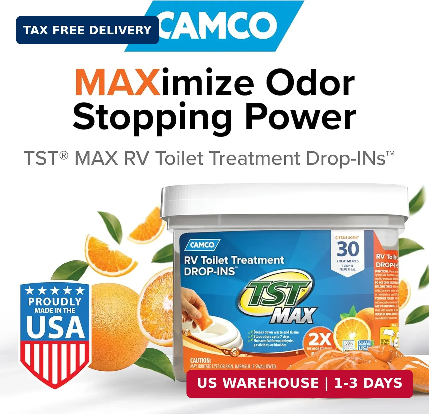 Camco TST MAX RV Toilet Treatment Drop-INs – Orange 30-pk – Made in the USA | Co