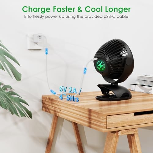 Clip on Fan, 8000mAh USB-C Rechargeable Small Desk Fan, 4-Speed 720° Rotation