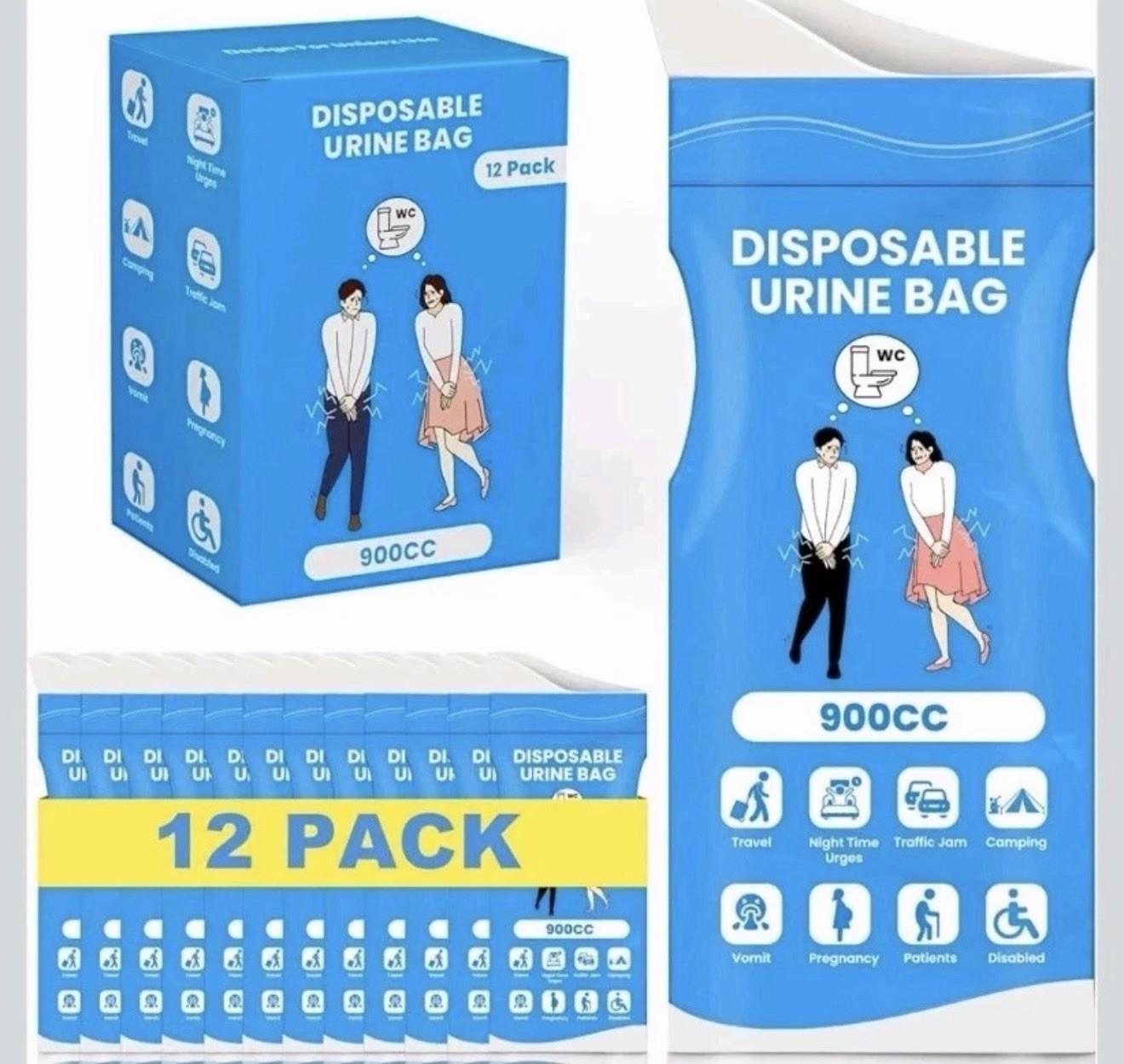 900CC Disposable Urine Bag, 12 PCS Emergency Portable Urinal Bags for Men/Wom…