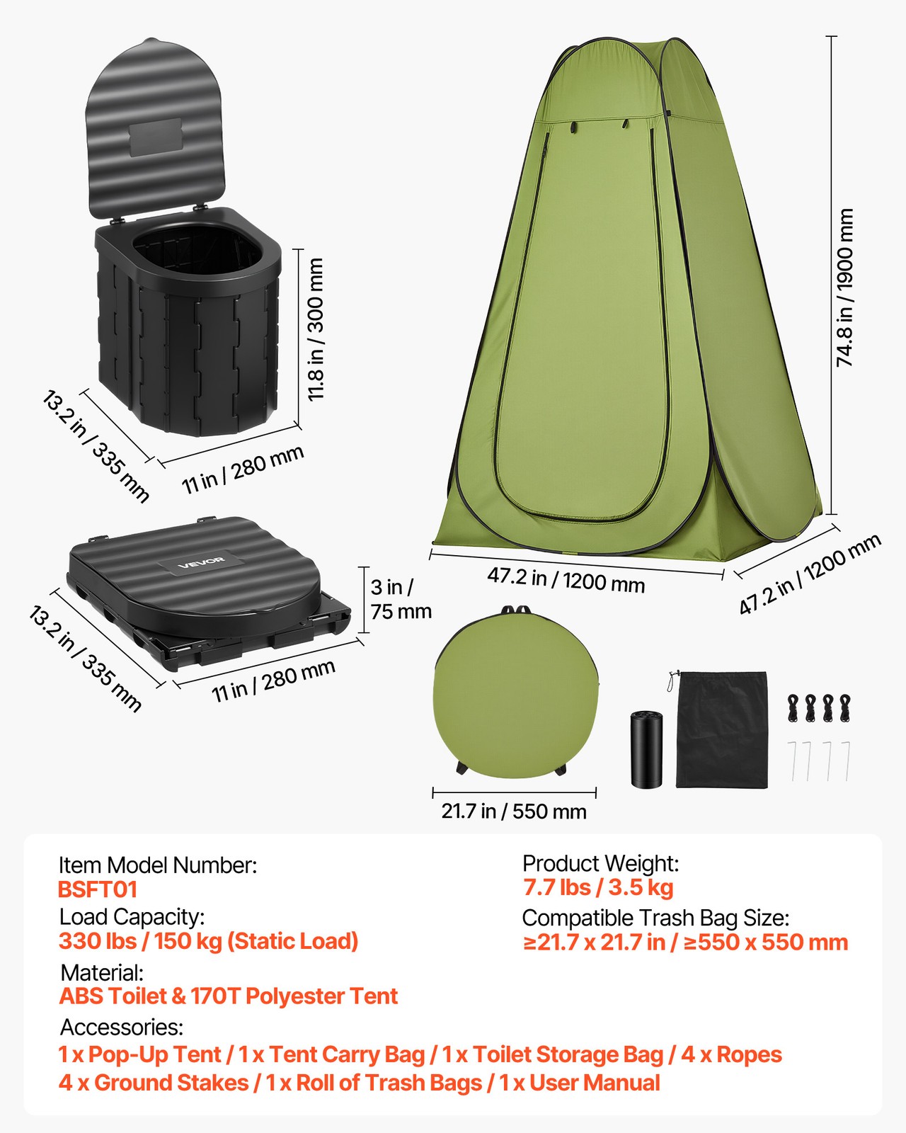 VEVOR Portable Toilet Pop Up Tent Folding Outdoor Camping Travel Potty 330 lbs