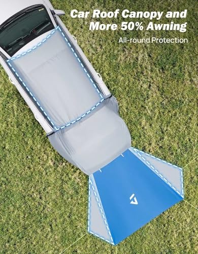SUV Tailgate Tent with Three Sides Awning and Poles, Water Large-New Grey Blue