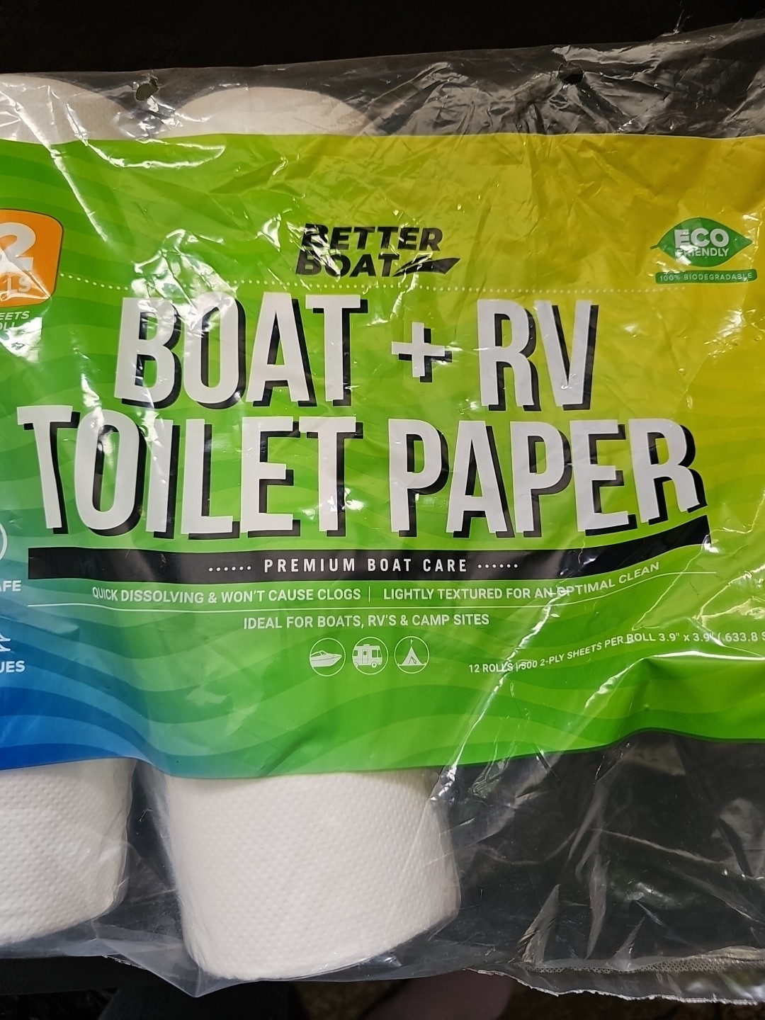 Boat and RV Toilet Paper, Septic Safe Quick Dissolving Tissue, 12 Single Rolls,