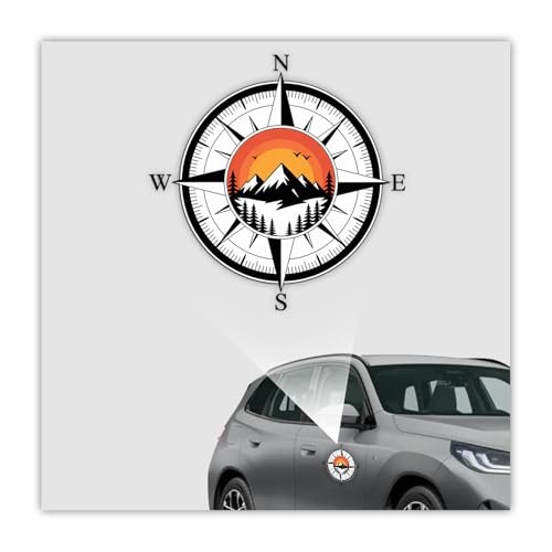 2 Pcs Compass Mountain Sunset Bumper Sticker UV DTF Decal Adventure Travel