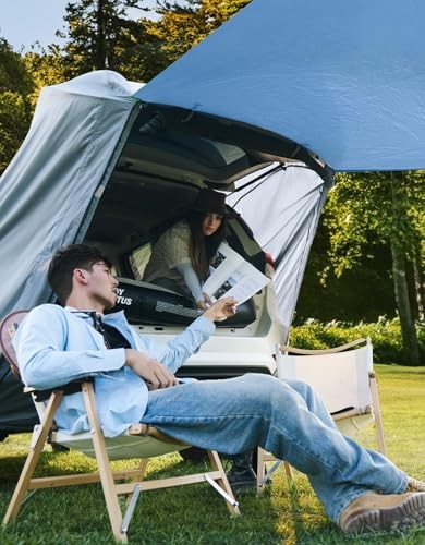 JOYTUTUS SUV Tailgate Tent with Big Awning, Water Resistant Medium Grey Blue