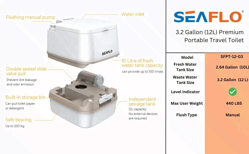 SEAFLO SFPT-12-03 3.2 Gallon Premium Portable Travel Toilet – 12L White