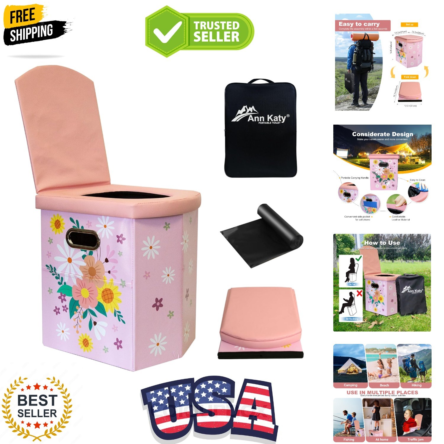 Upgrade XL Portable Toilet for Adults, Extra Large Portable Travel Floding To…