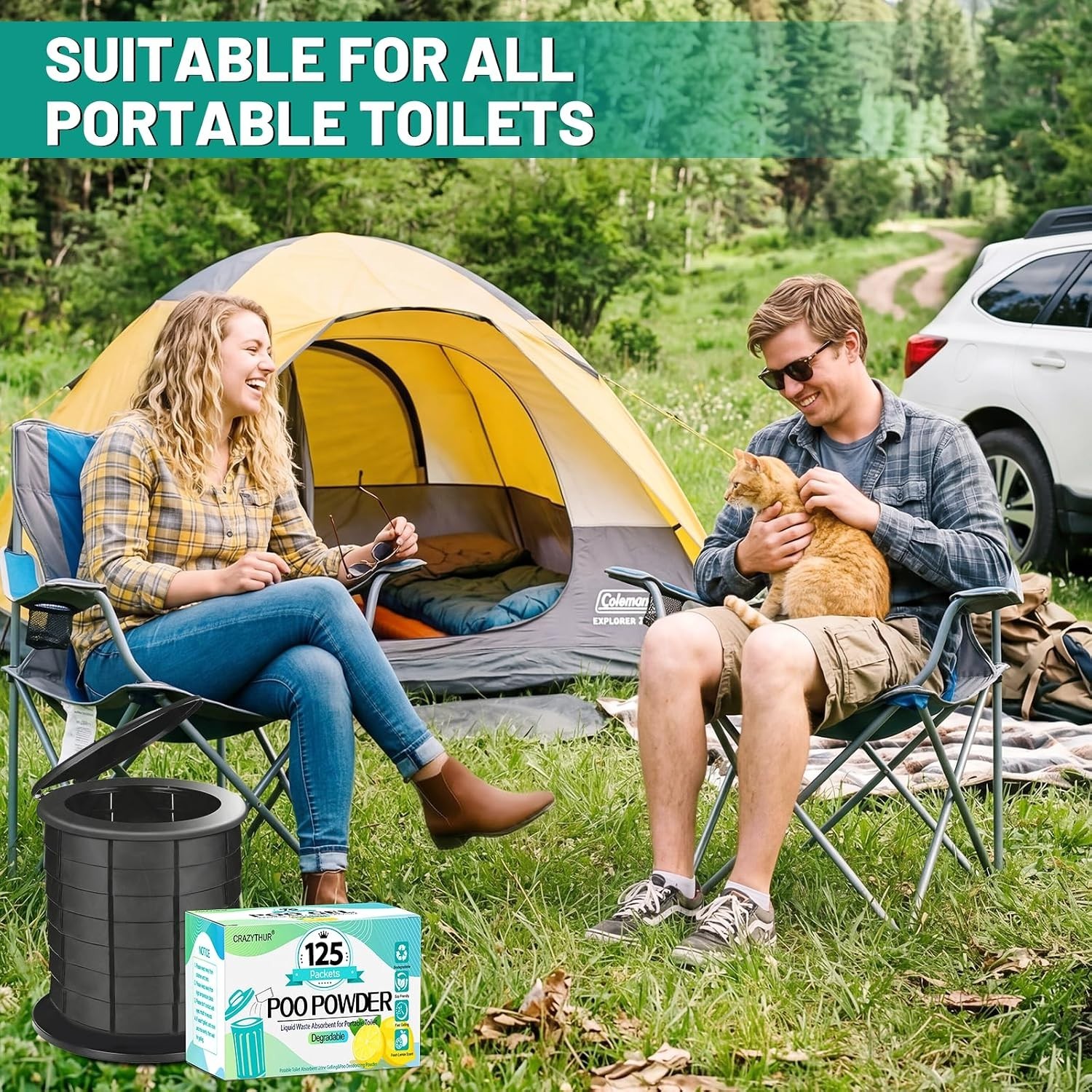Biodegradable Camping Toilet Gel Powder, Lemon Scent – 125 Sachets for Outdoors