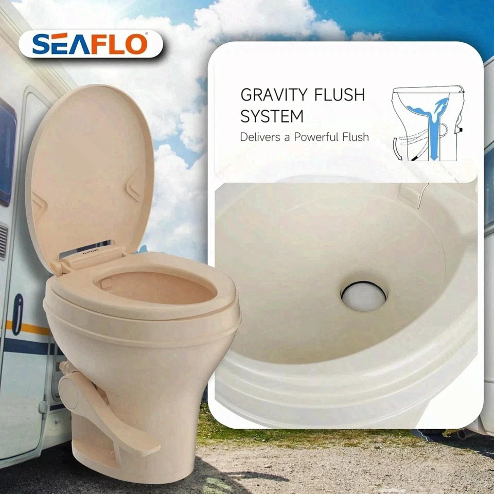 SEAFLO Bone-Colored Residential Height Camper/RV Toilet, 18.5” Gravity Flush,,
