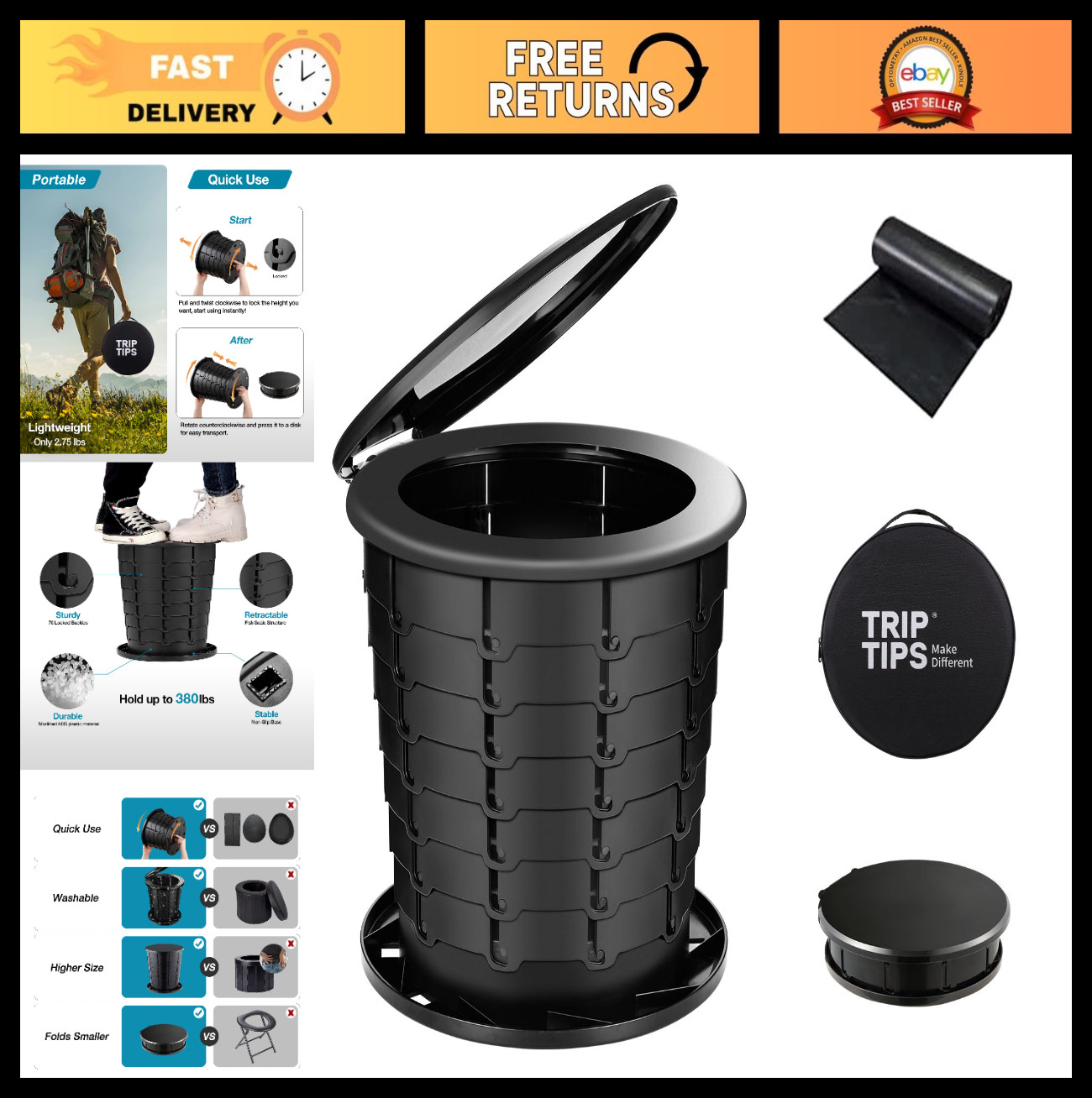 Portable Adjustable Height Camping Toilet – Retractable Foldable Potty for Trave