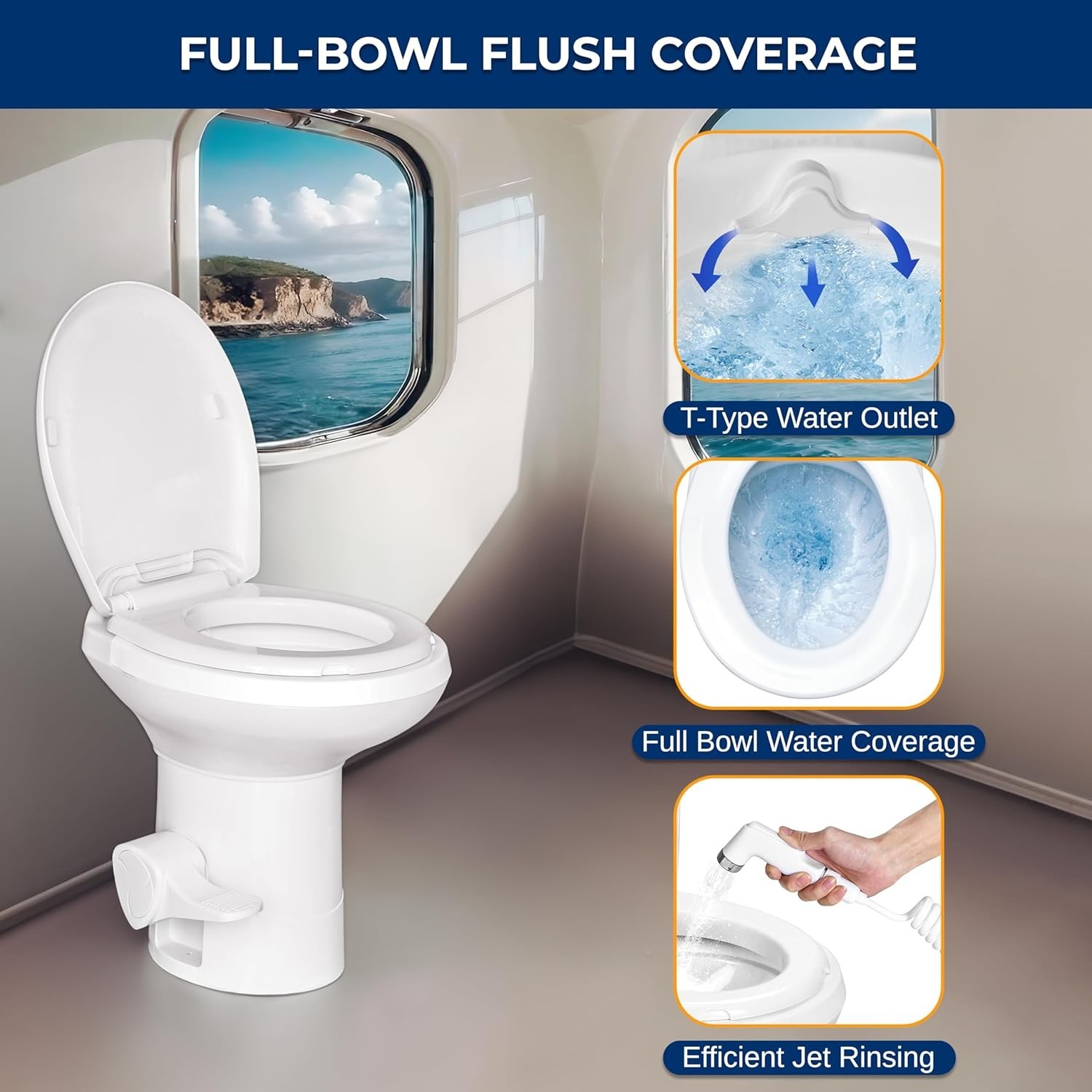 RV Gravity Flush Toilet with Foot Pedal and Hand Sprayer | T-Type Full-Bowl F…