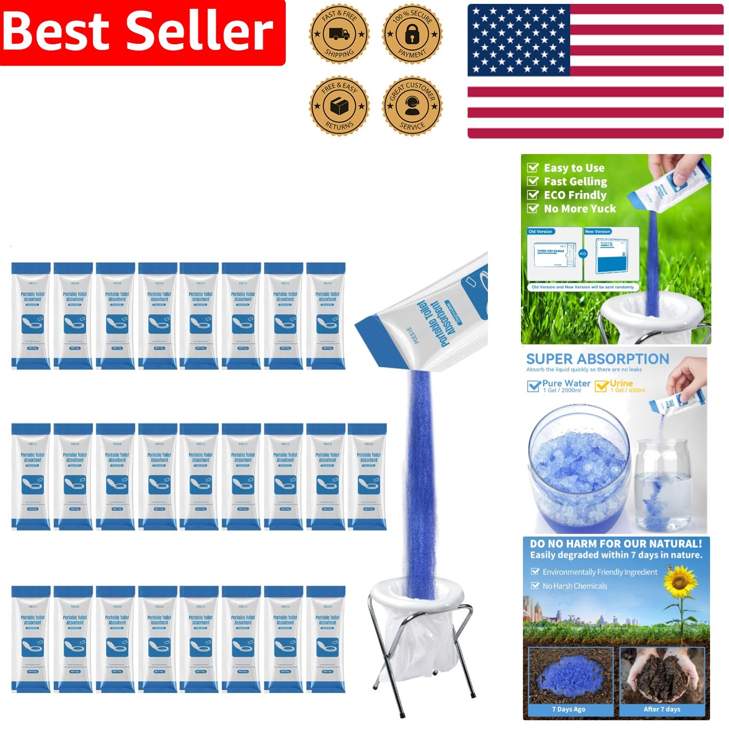 Portable Toilet Gel 25 Packets Camping Hiking RV Outdoor Waste Absorbent Odor…