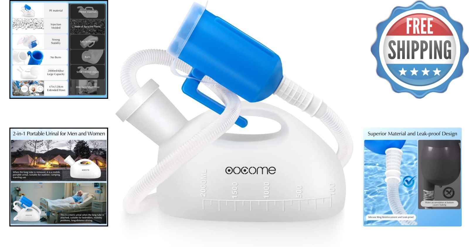 Portable 2000ml Urinal for Men – Leak-Proof with Easy-Grip Handle & Long Tube