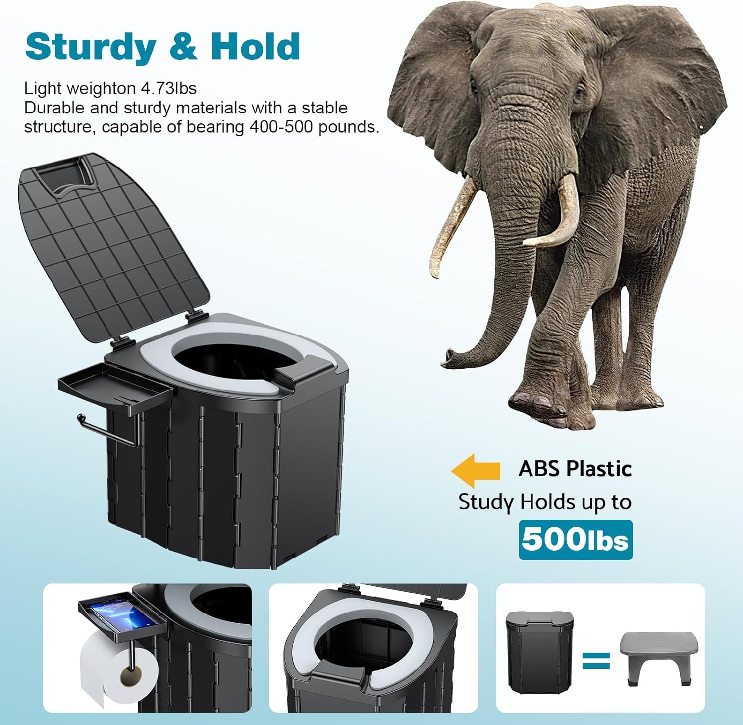 Portable Camping Toilet Foldable 12” Seat 450lbs Capacity Outdoor Emergency
