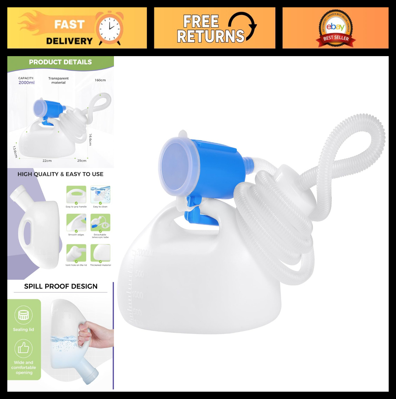 2000ML Portable Urinal Bottle for Men – Spill Proof, Large Pee Container for Tra