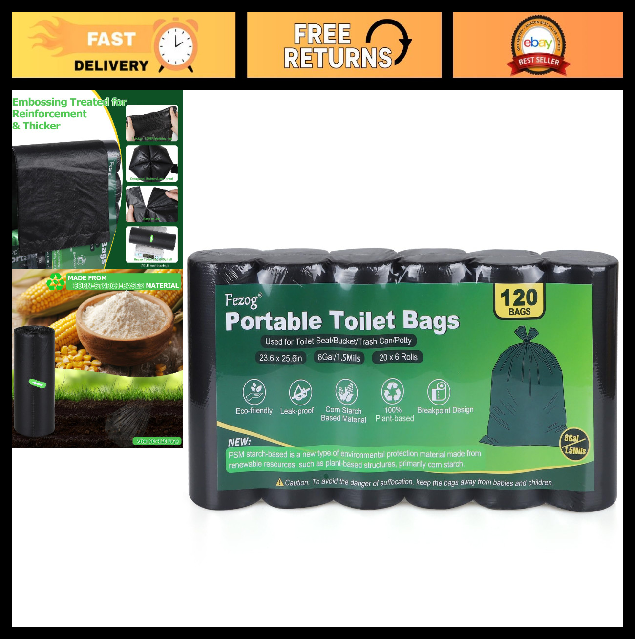 120 Pack Portable Toilet Bags, 8 Gal Leak-Proof Camping Toilet Bags, Travel Wast