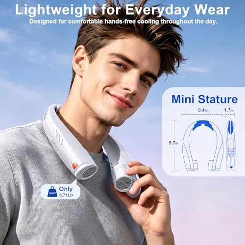 Portable Neck Fan with Reading Light, 6-Speed Wearable Fan, 6000mAh USB-C White