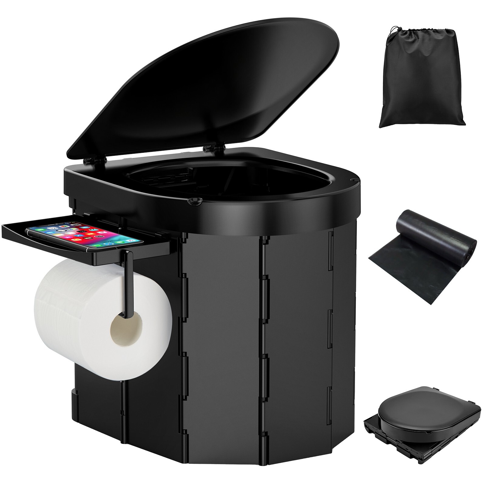 Portable Camping Toilet Foldable Toilet with Lid, Phone Shelf and Paper Holder