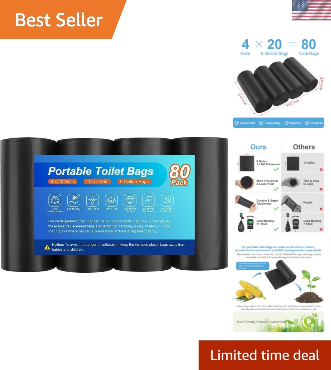 80 Portable Camping Toilet Bags, Biodegradable Porta Potty Bucket Toilet Bags…