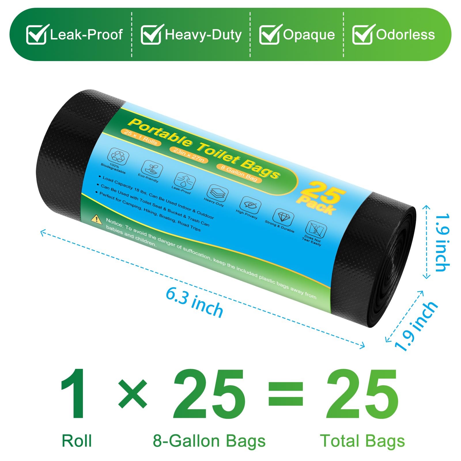 Portable Toilet Bags – 25 PCS Camping Toilet Bags, 8 Gallon Biodegradable Tra…
