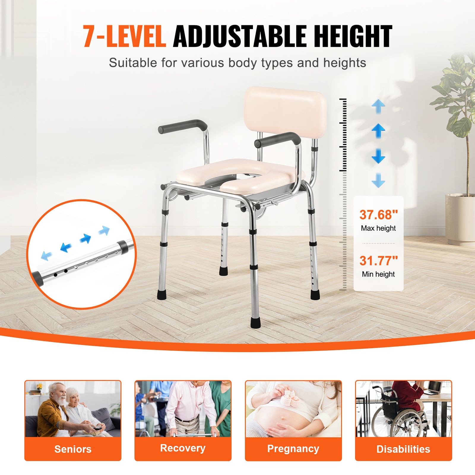 Commode Chair, Bedside Commode with Padded Seat, Drop – Down Arms, 7 – Level