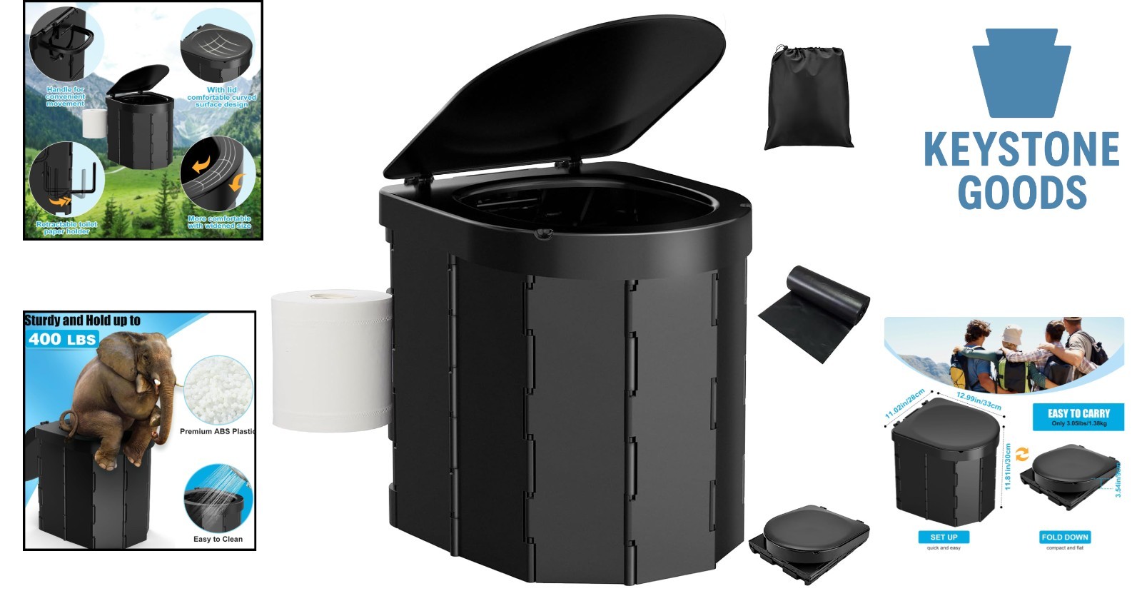 Portable Folding Camping Toilet with Lid & Toilet Paper Holder