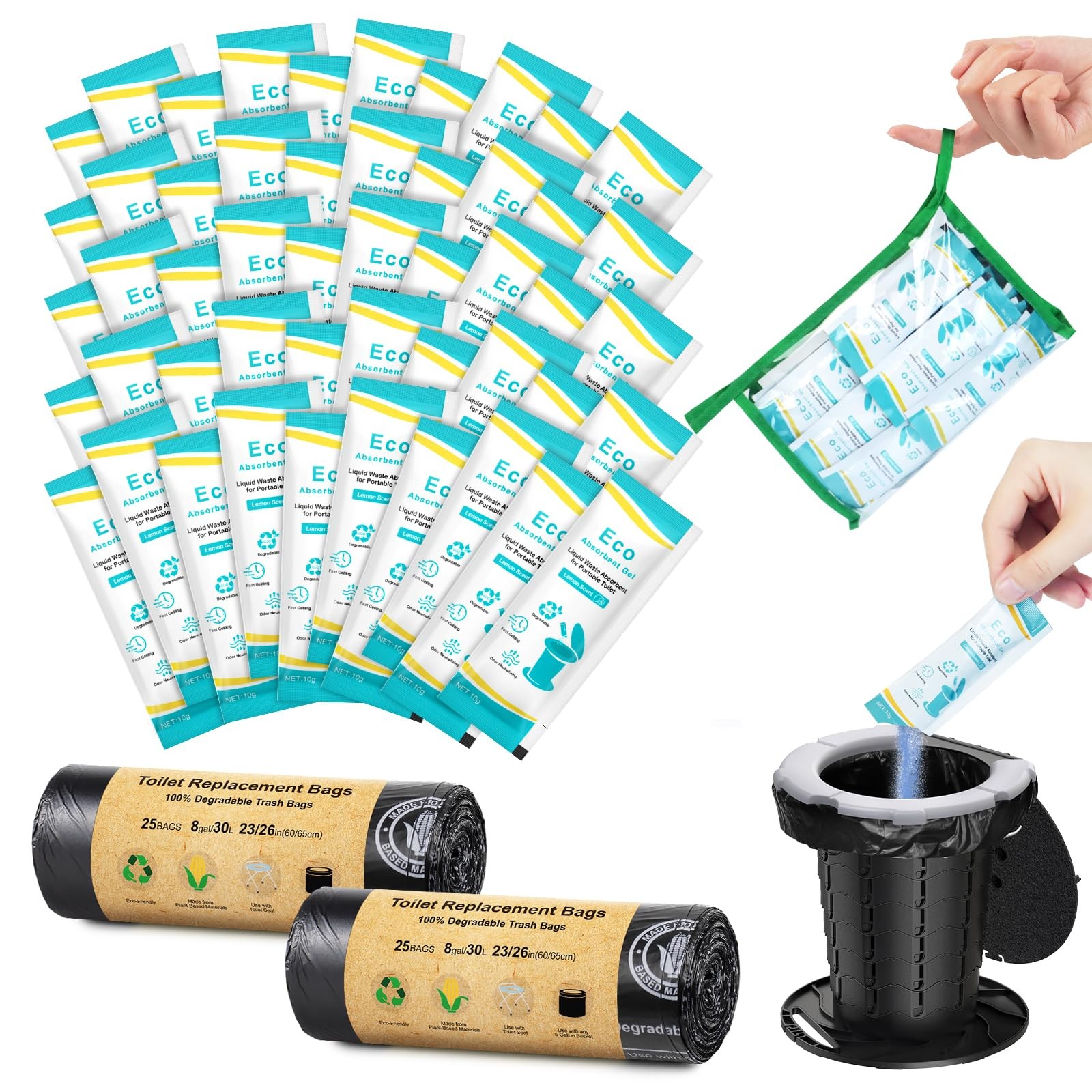 50 Count Camping Toilet Bags Eco Absorbent Gel Set, Portable Toilet Bags with…