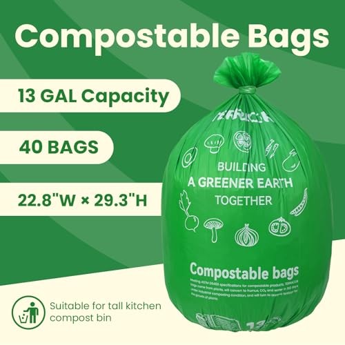 13 Gallon Compostable Trash Bags, 40 Bags Compost Bags Flat Top-13Gal-40 Bags