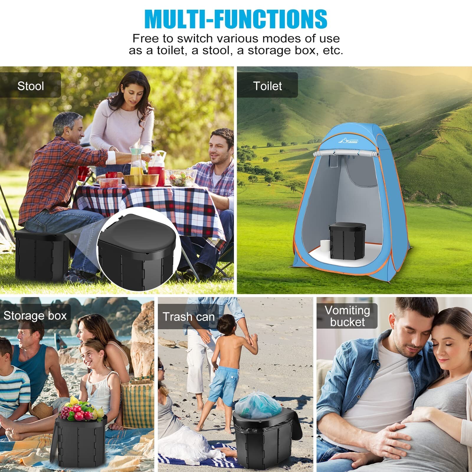 Foldable Portable Camping Toilet with Lid and Retractable Toilet Paper Holder