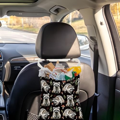 Print Car Trash Bag Hanging Garbage Bag with Snap Buttons Car-Back Seat Raccoon