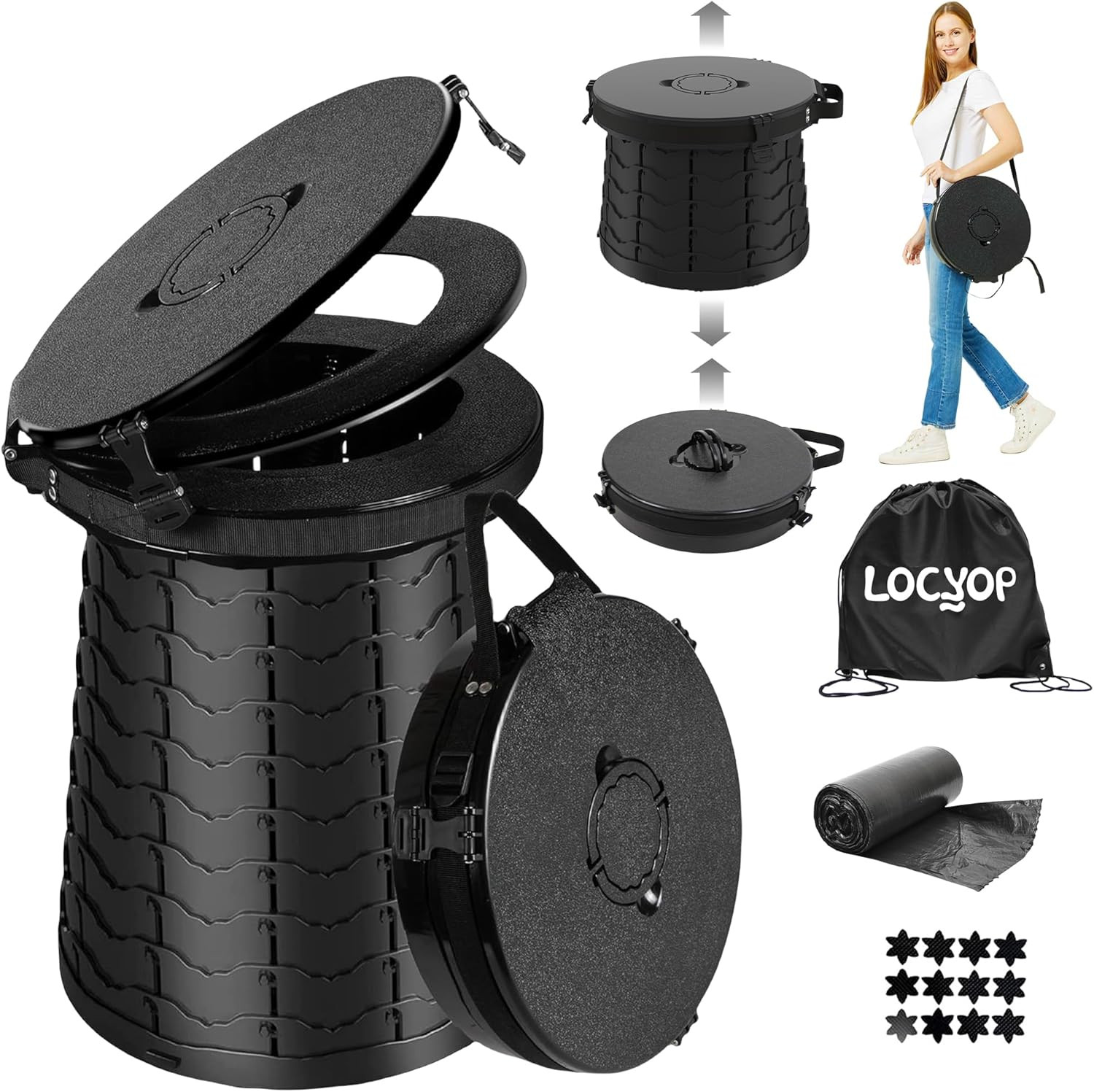 XXL Portable Toilet for Camping,19.7″ H Adjustable Folding Toilet with Lid,Carry