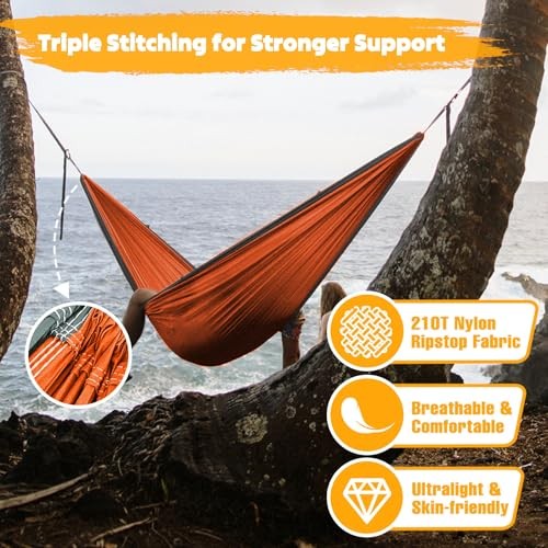 NATUREFUN Ultra-Light Travel Camping Hammock | 300kg Load 275x140cm Orange/Grey