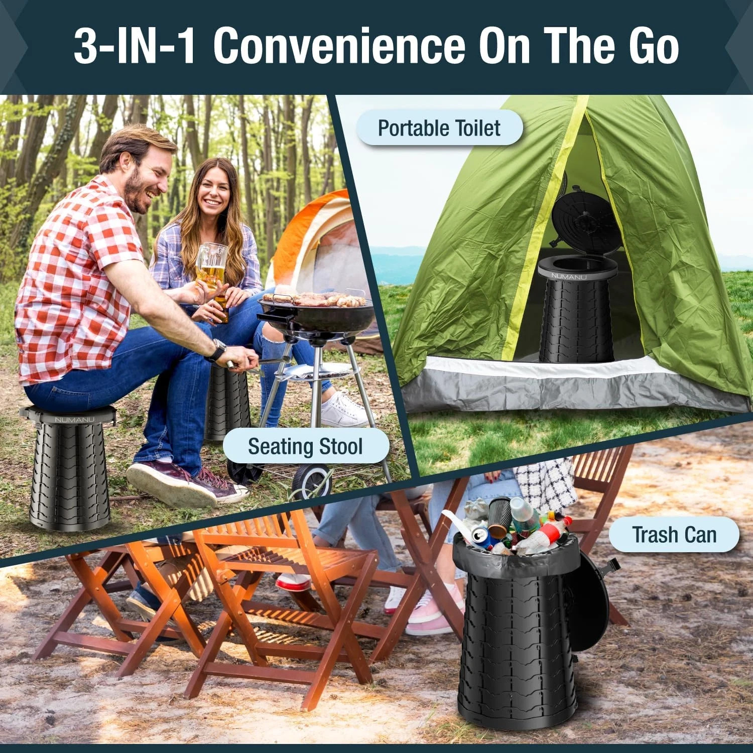 19.7″ XXL 3IN1 Portable Toilet, Stool, Trash Can | Adjustable Height Portable Po