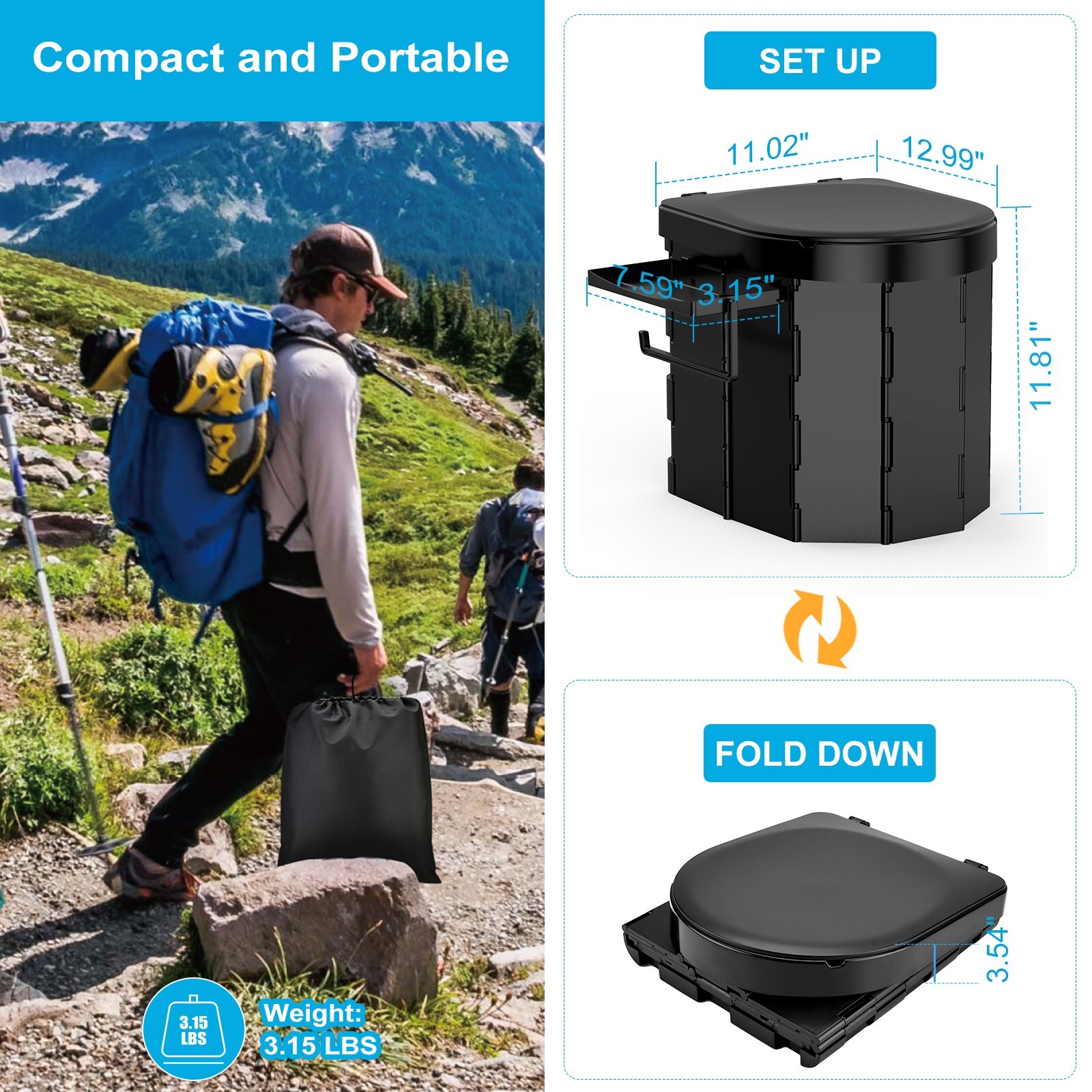 Portable Camping Toilet Foldable Toilet with Lid, Phone Shelf and Paper Holder