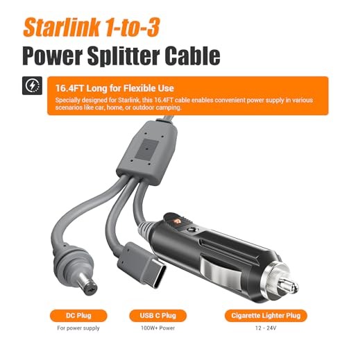 Starlink Mini DC Cable—100W USB C—12-24V—Easy 16.4FT/5M—3-in-1