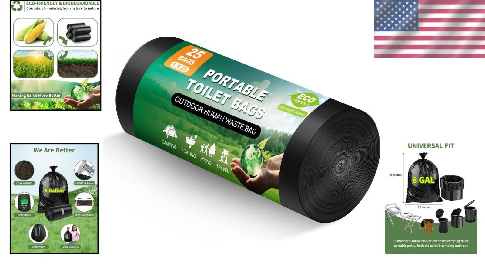 25 Biodegradable Toilet Bags – 8 Gallon Heavy-Duty Camping Waste Solution