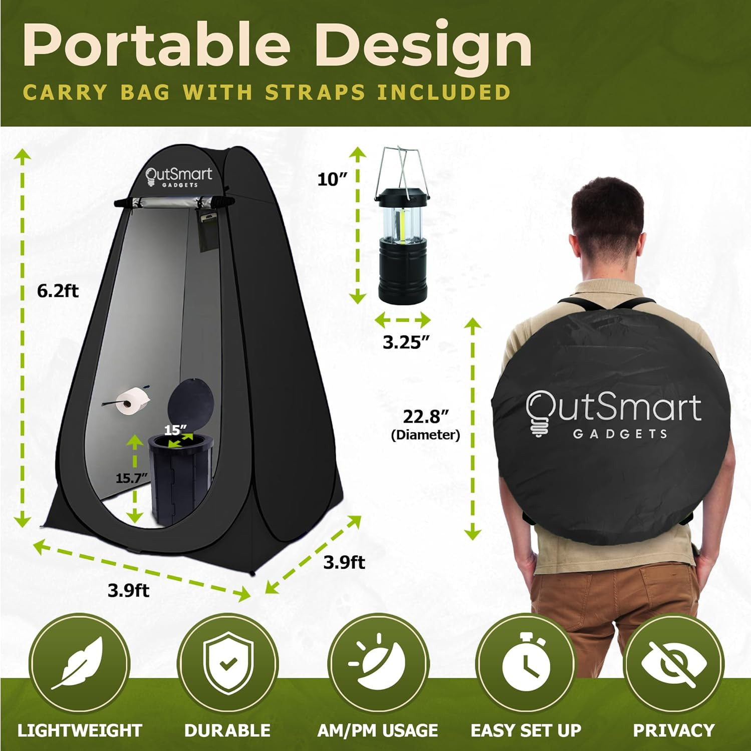 Outdoor Portable Toilet Set for Adults with Camping Night Lantern, Folding XL To