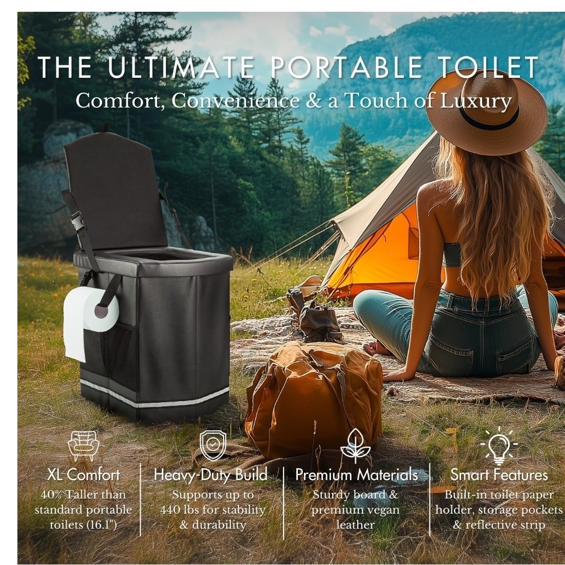 EverVenture Portable Camping Toilet Unisex XL Black Padded Vegan Leather 80D NWT