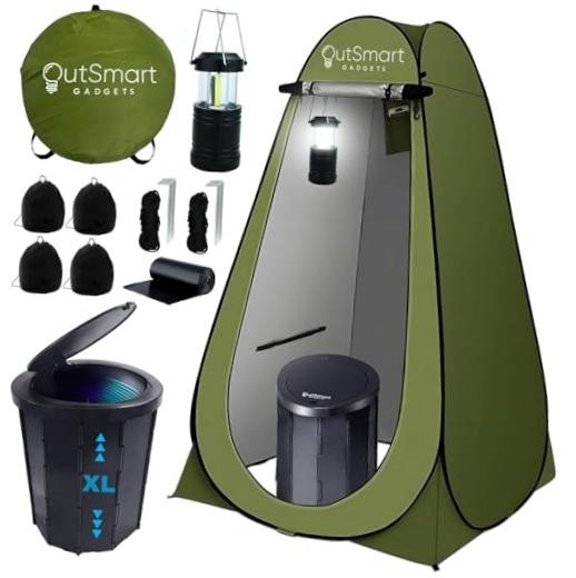 Outdoor Portable Toilet Set for Adults with Camping Night Lantern, Green