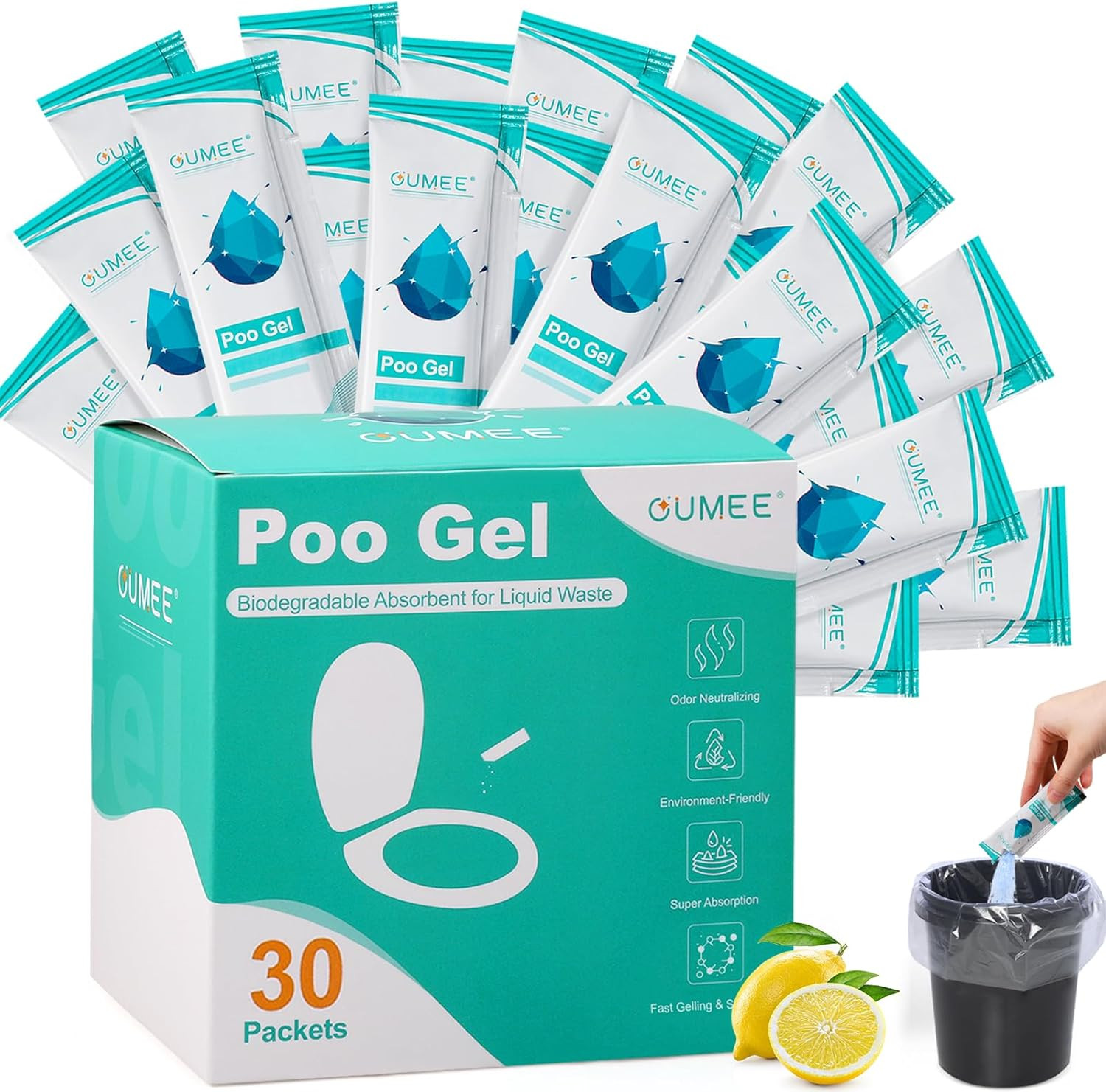 OUMEE 30 Pack Lemon Portable Toilet Gel, Poo Gel for Potty | Camping Toilet Powd