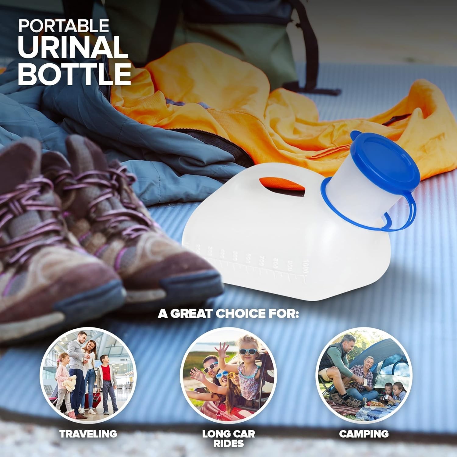 Portable Unisex Urinal Bottle 32 Oz with Funnel & Lid for Travel Camping